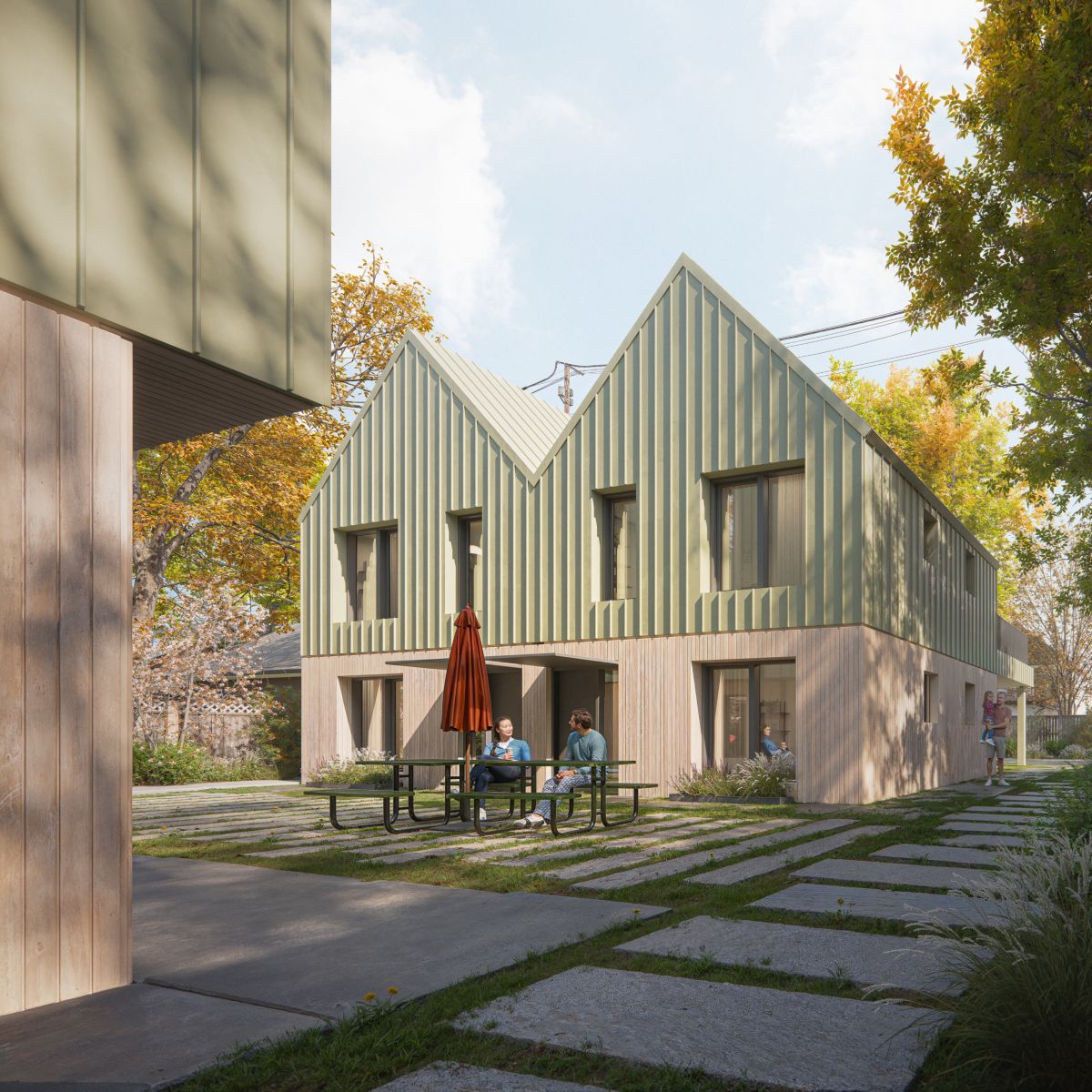 Rendu 3D d’un immeuble de deux étages dont l’extérieur est composé de bardage métallique vert, de panneaux en bois et de grandes fenêtres. Une allée pavée gazonnée relie les espaces extérieurs.